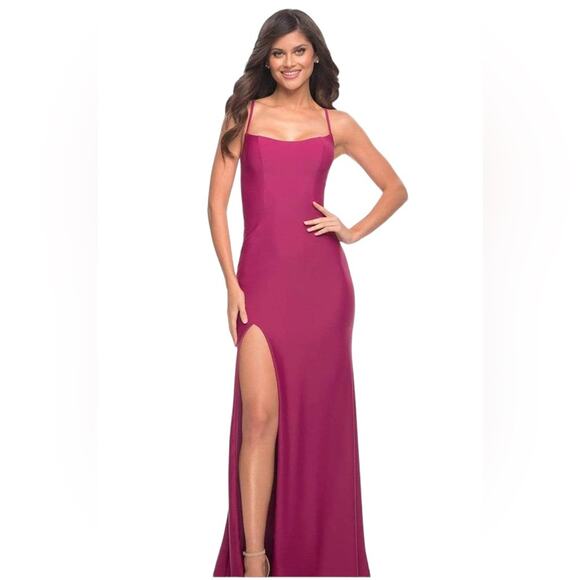La Femme 30436 Scoop Neck High Slit Gown berry sz 2 - Picture 1 of 9